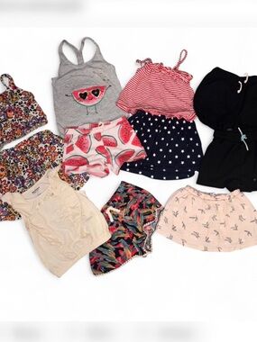 Girls Mixed Summer Tops & Shorts Bundle - Multicolor Watermelon & Stripes